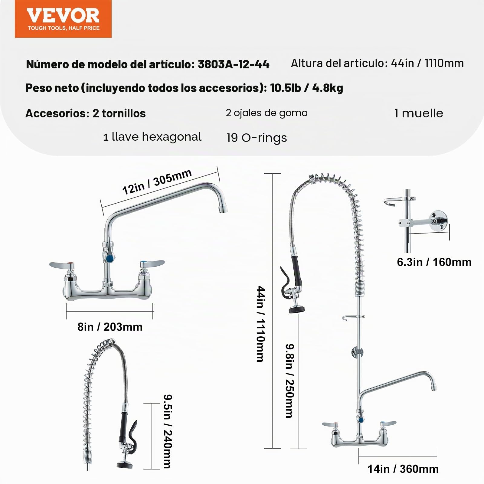 VEVOR Grifo Comercial con Rociador de Preenjuague, 111,76 cm de Altura, 20,32 cm de Centro, Caño Oscilante, Grifo para Fregadero de Cocina de Montaje en Pared, Dispositivo Construido en Latón