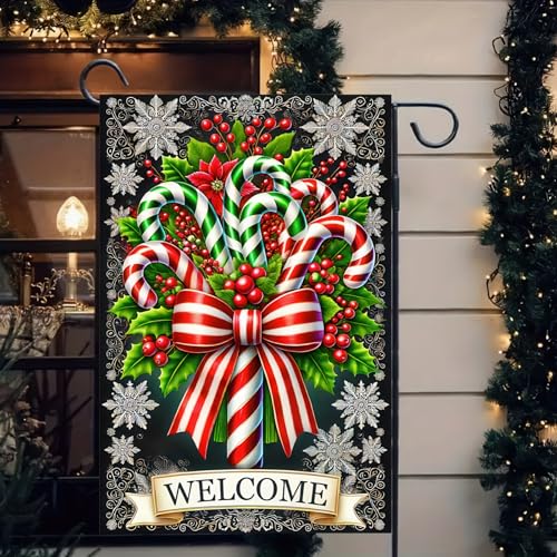 Image of BlissYard Christmas Candy Cane Garden Flag 12x18 Inch Polyester | Double sided polyester, Christmas candy cane holly plaid design, classic holiday decor for holiday porch and yard