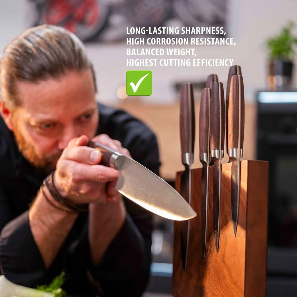 GEFU Cuchillo universal ENNO 11,5 cm | filo ondulado, hoja Solinger de acero alemán | Para frutas, verduras, pan, mango de madera de nogal, lijado a mano, duradero