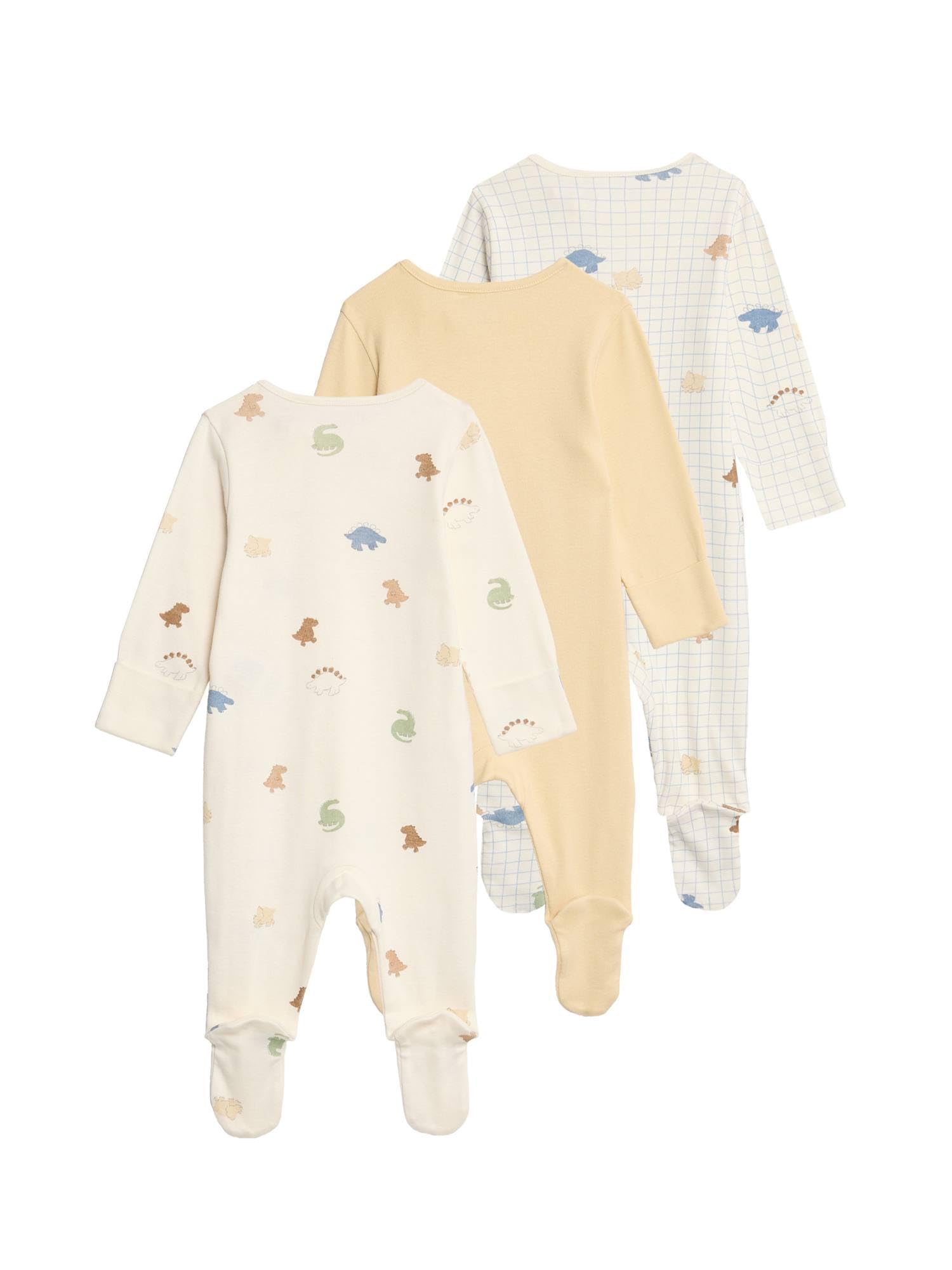 Marks & Spencer Grenouillères Bébé Lot de 3 en Pur Coton Imprimé Dinosaures, Mixte Garçon et Fille, Coupe Standard