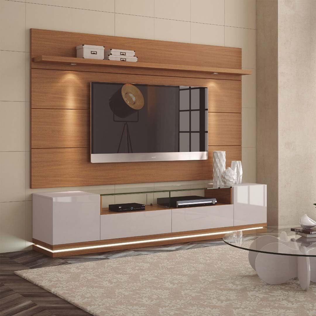 A to Z Furniture Vanderbilt Tv Stand And Cabrini Floating Wall Tv Panel With Led Lights In White And Brown Color 216X180x 44 Grey