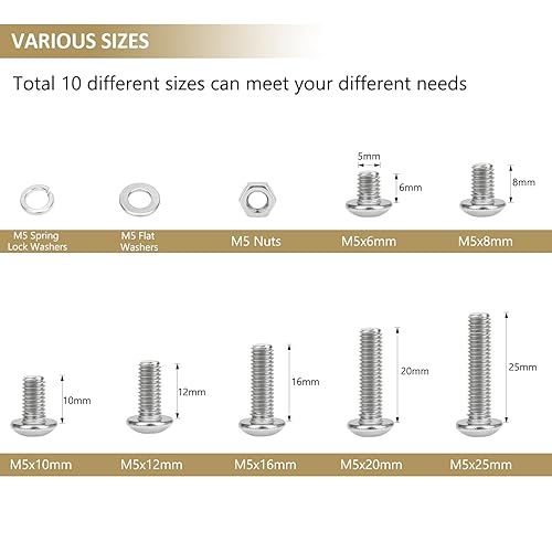 Miniatura 3 de Kindroufly Juego de 242 piezas M5 x 68101216200.984 in, tornillos de cabeza de botón, tuercas y arandelas surtidas, acero inoxidable 304, rosca