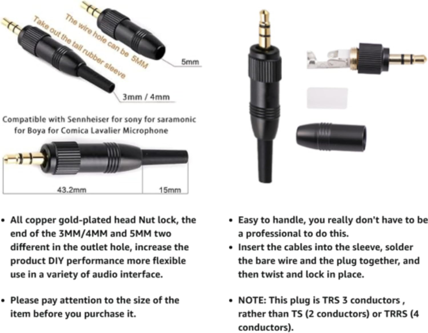 Audio Adapter 3.5mm (1/8 Inch) TRS Male Screw Lock Stereo DIY Connector Plug for Sennheiser Sony Saramoinc BOYA Comica Lavalier Microphone（3mm）