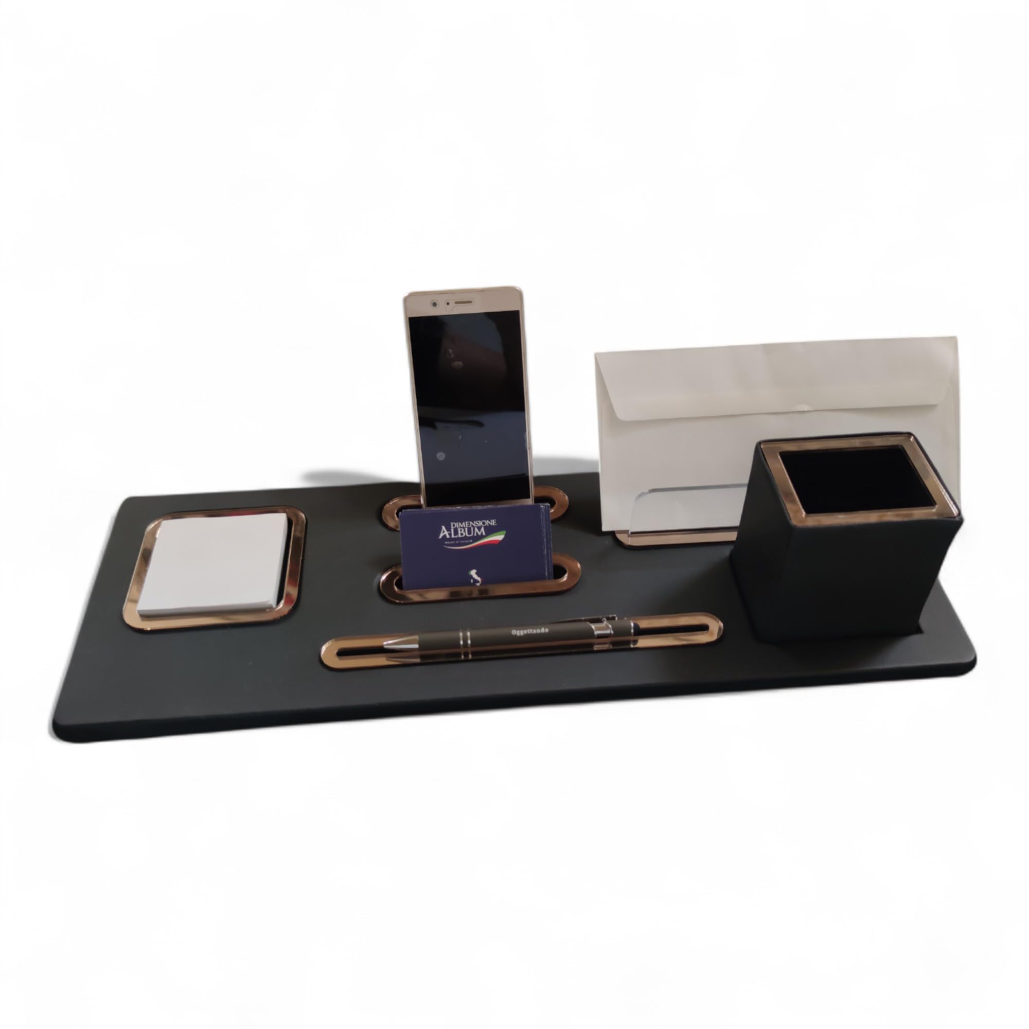 Oggettando Set Scrivania, 5in1 Organizer Scrivania con Sup. Phone, Portalettere, Porta bigliett, Portacarte ades, Bicchiere portapenne, Sup. penna, Portato, Sottomano Ufficio e Casa (Acr. Bronzo)