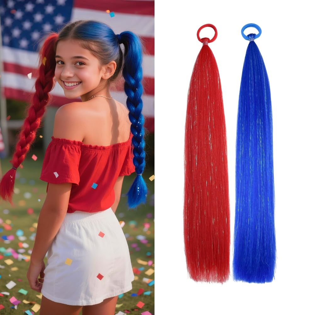 Red/Blue Ponytail Extensions, Girls Hair Accessories Tinsel Extensions With Rubber Band Braiding Ponytail Extensions for Women Halloween Festival