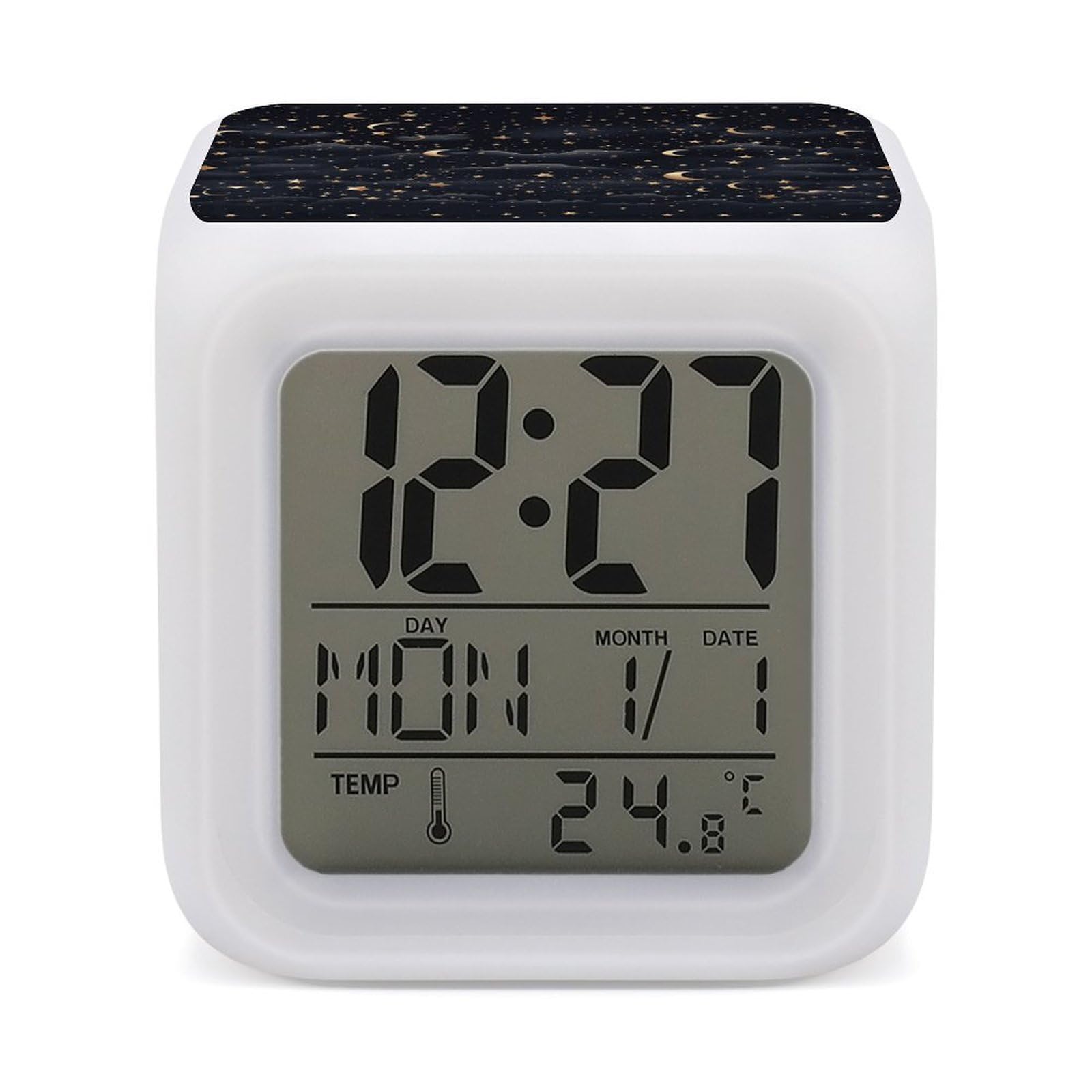 DWVTSLH Stars and Moon on Dark Background Alarm Clock with 7 Color Changing Night Light, Wake Up Digital Clock for Bedroom, Bedside Cube Clock with Date, Temperature, Battery Operated Desk Clock Gift