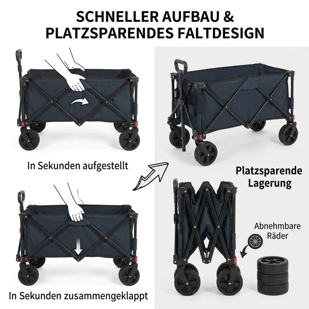 Faltbarer Bollerwagen mit All-Terrain-Rädern, Schwerlast Gartenwagen aus Stahlrahmen mit Verstellbarem Griff, Outdoor Transportwagen für Camping Einkaufen Sport Angeln, Schwarz