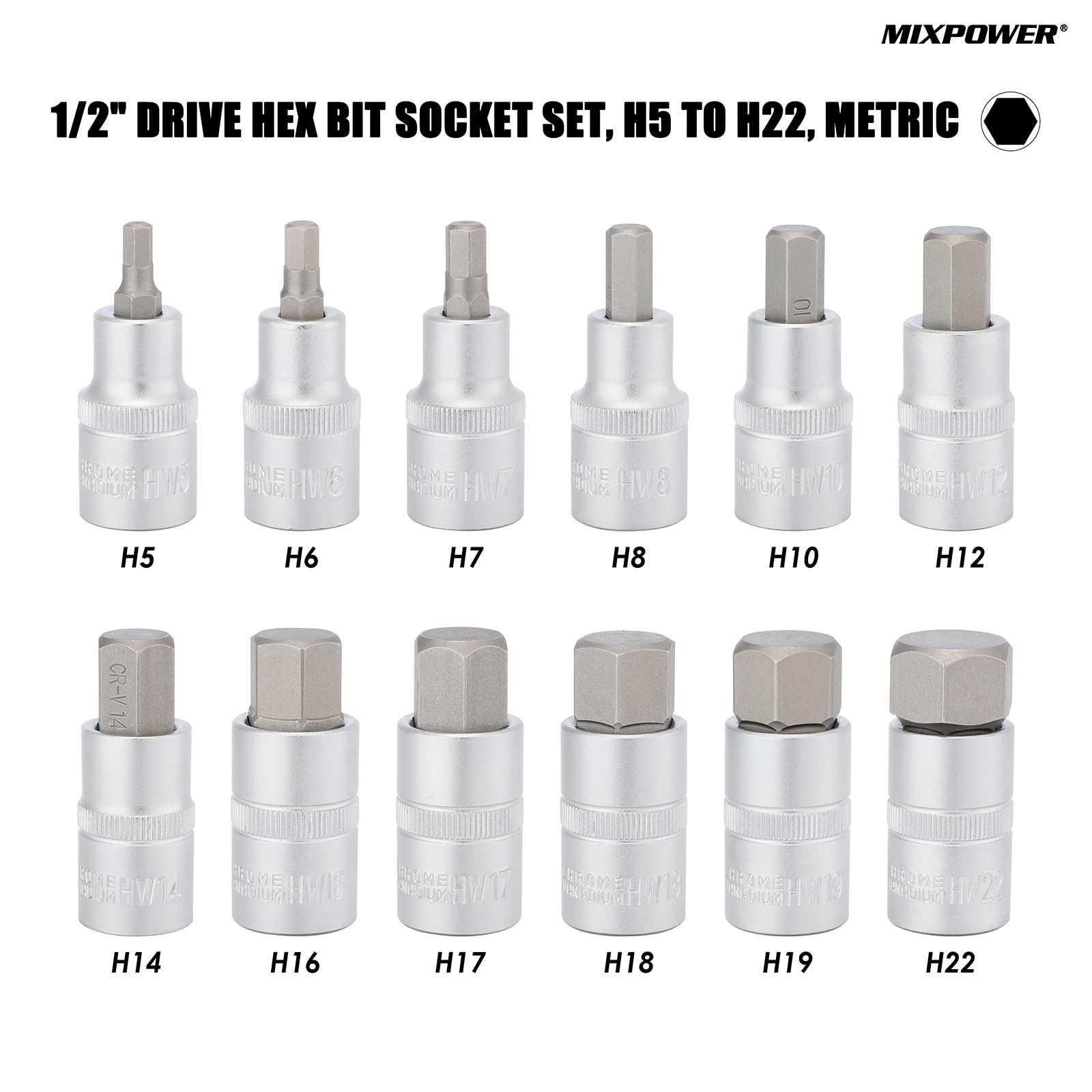 MIXPOWER 12 PCS 1/2-Inch Drive Hex Bit Socket Set, H-Type, 5mm to 22mm, CR-V - Image 3