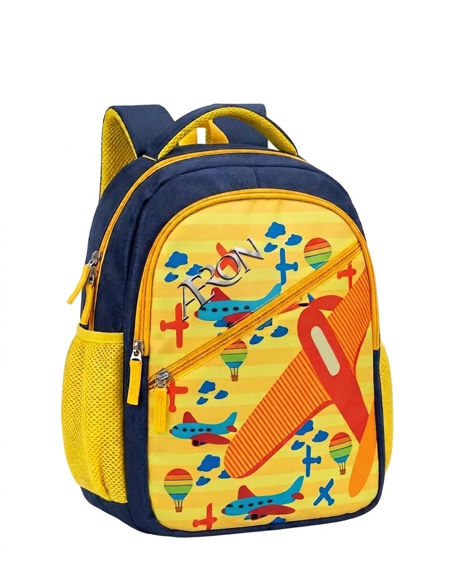 Bag for KG class Kids School Backpack, Yellow and Navy Blue, Airplane Theme, with Mesh Side Pockets-picture-26
