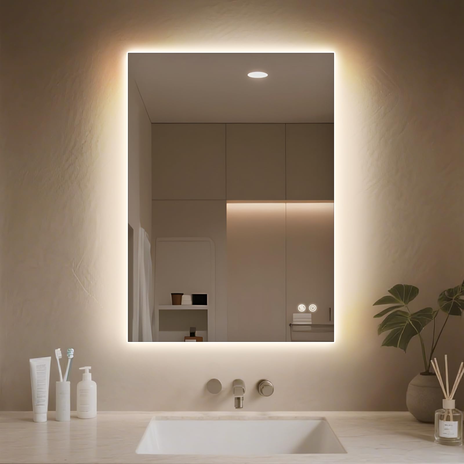 TANTEC Bathroom Mirror with LED Lights 450x600mm, Anti-Fog, Dimmable, Backlit Light, Lighted Bathroom Vanity Mirror for Wall, Shatterproof Tempered Glass, Memory Function, Vertical/Horizontal