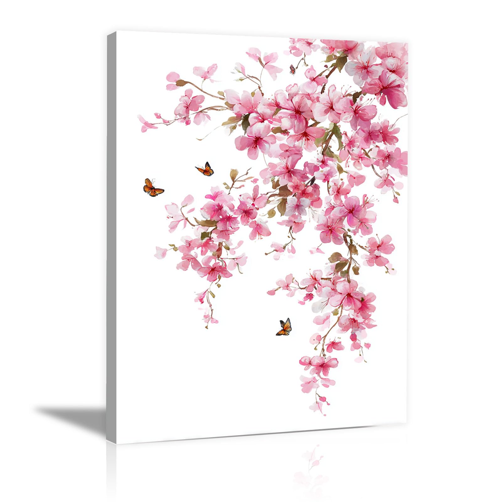 Teruea Women's Pink Wall Art Canvas Prints - Watercolour Blush Blossom, Butterflies & Floral Print For Girl's Bedroom Living Room Bathroom Gift(Pink)-20X30cm1 Framed