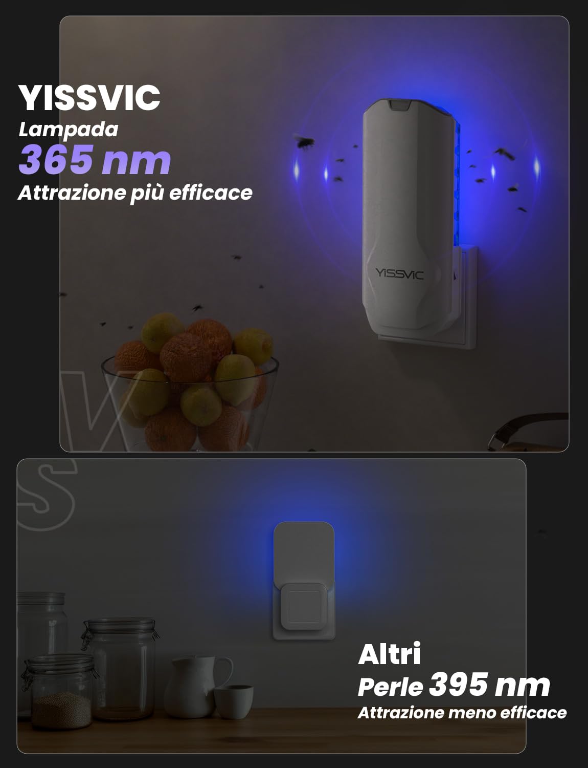 YISSVIC Trappola per Mosche della Frutta per Interni con Lampada UV, Confezione da 1 Trappola e 5 Adesivi, Ideale per Cucina, Vicino a Piante e Frutta