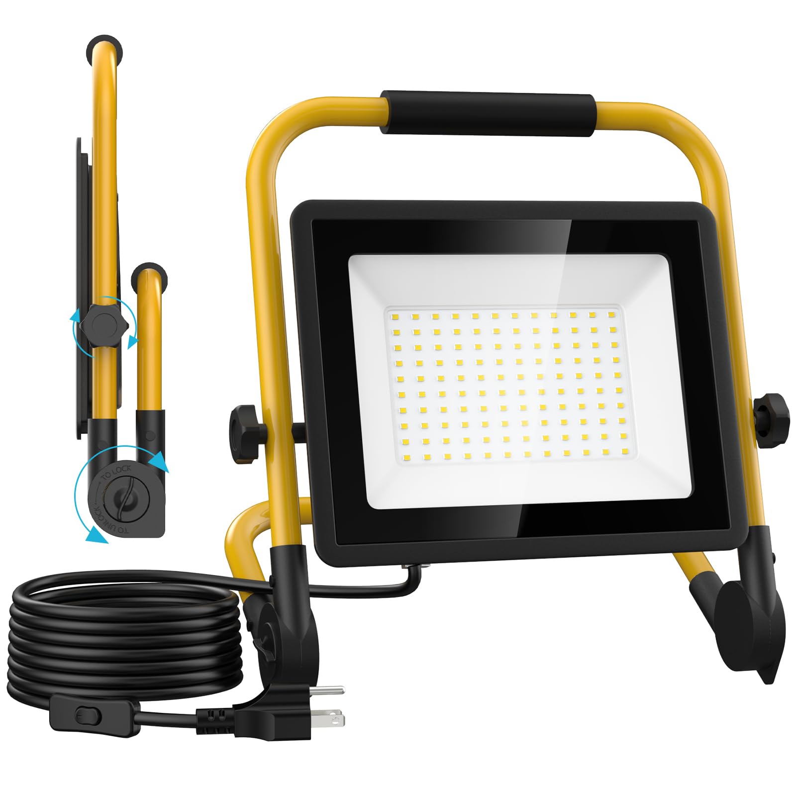 Olafus 100W LED Work Light, Foldable Portable 16.4FT 5m Switch Cord with Plug Light 10000LM, IP65 Waterproof, Worklight with Stand for Workshop, Construction Site, Camping, Garage