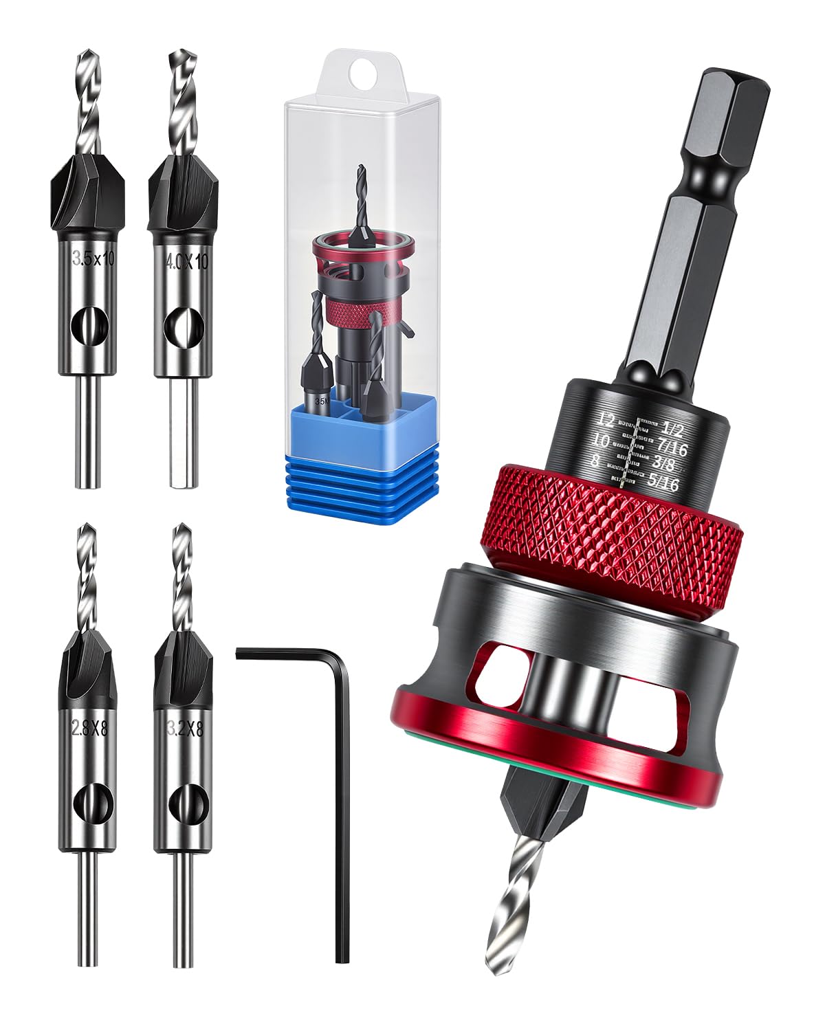 7PCS Countersink Drill Bits Set with Adjustable Depth Stop, 6.35mm Hex Shank, 4 HSS M2 Tapered Bits and Wrench, 82°Counter Bore for Woodworking, Plywood, MDF and DIY