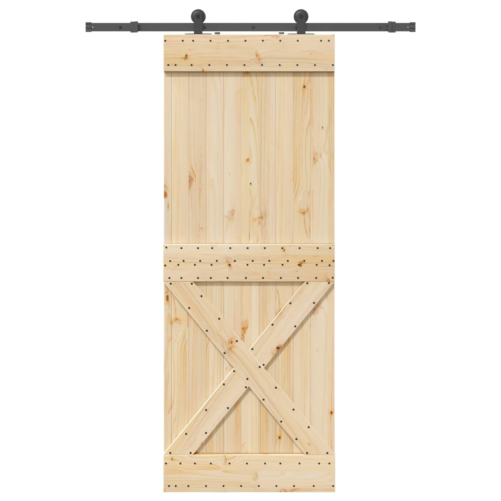 Puerta corredera Narvik natural y negra 85 x 210 cm | Madera de pino maciza, guía de acero, mecanismo superior, diseño que ahorra espacio, 27,76 kg