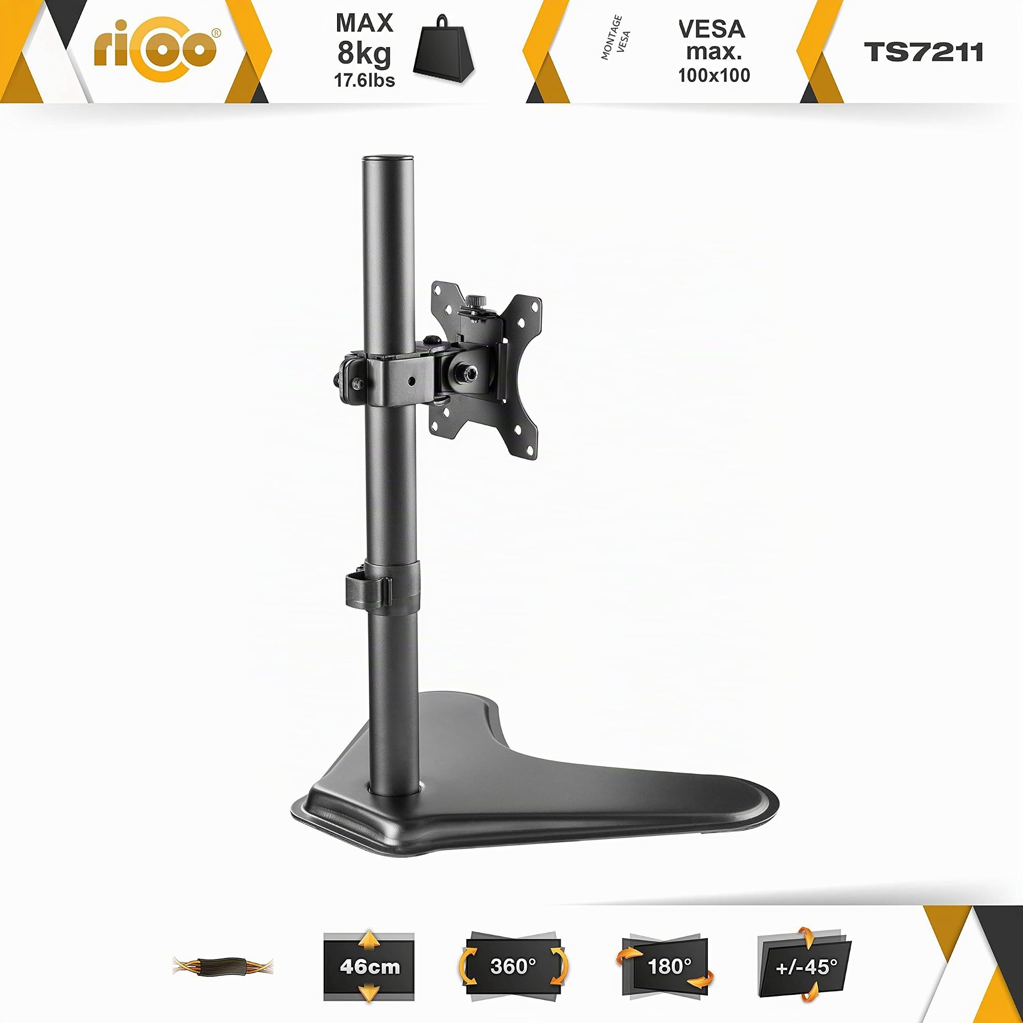 RICOO TS7211 Support Écran PC TV 1 Écran 13 17 19 22 24 27 28 32 Pouces Orientable Inclinable Rotatif Universel Fixation Bureau Pince de Table VESA 75x75 100x100