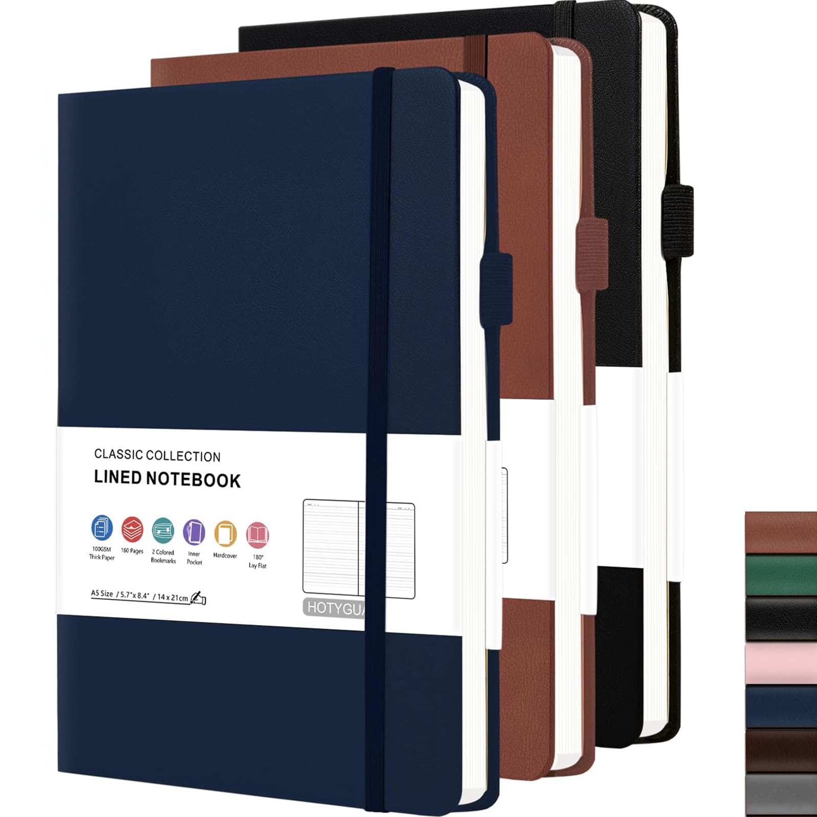 Juego de 3 cuadernos A5 (verde, negro y marrón) – 160 páginas, papel grueso de 100 g/m², tapa dura con lazo para bolígrafo y bolsillo, oficina, escuela, trabajo esencial para mujeres y