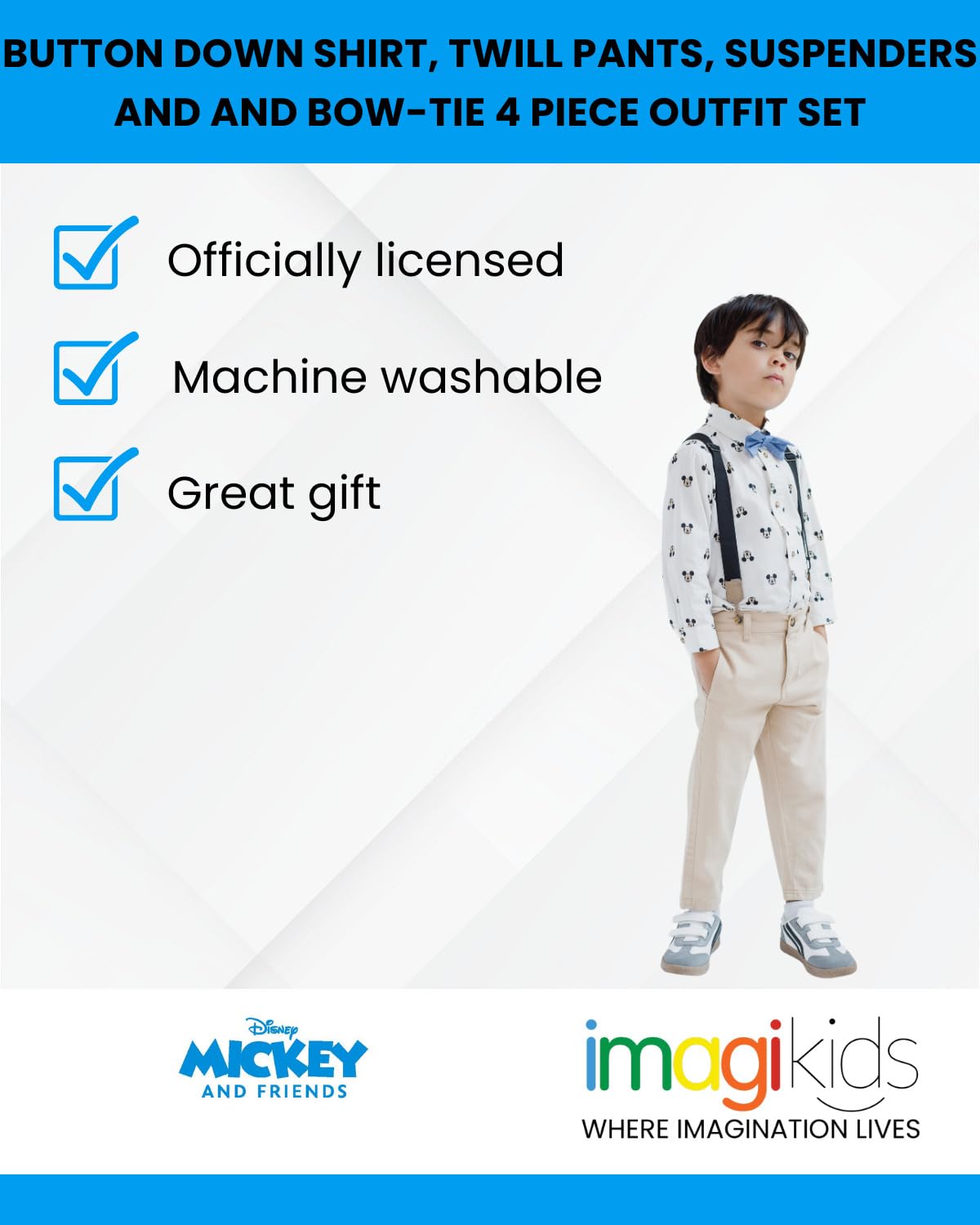 Disney Mickey Mouse Infant Baby Boys Button Down Shirt Twill Shorts Suspenders and Bow-Tie 4 Piece Outfit Set 18 Months