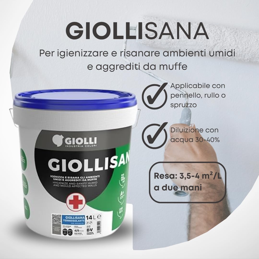 Giolli industria colori | Pittura Antimuffa per Muri Interni Giollisana Termoisolante - Pittura Termica Bianca Anticondensa Traspirante Lavabile - Certificata A+ e Priva di Formaldeide - 14 L