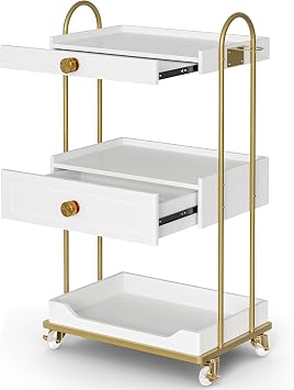 Barber Salon Trolley Cart w/Lockable Wheels, 3-Tier Rolling Beauty Cart with 2 Drawers & Dryer Holder, Mobile Beauty Trolley for Beauty Spa BarbershopWhite-New