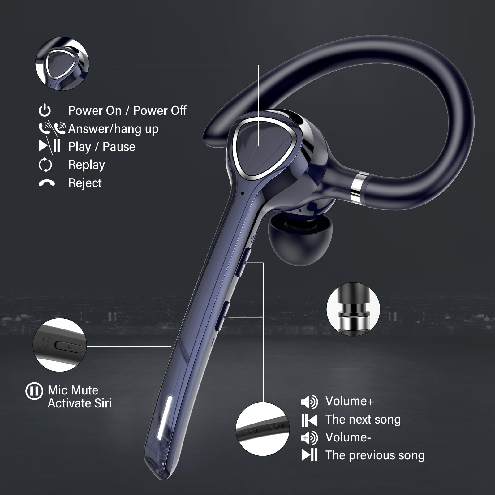 Cuffie Bluetooth Singolo Vivavoce, Auricolare V5.4 con ENC Noise Canceling Mic Mute, 90 Ore Mano Libera Auricolare Bluetooth per Affari/Sport Blu