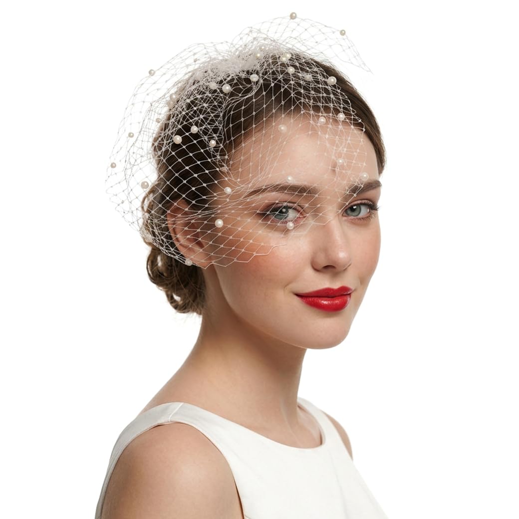 Faticenic Unisex White Birdcage Veil Headband - Vintage Bridal Face Veil With Elegant Pearls For Wedding & Photography, Headband, Birdcage