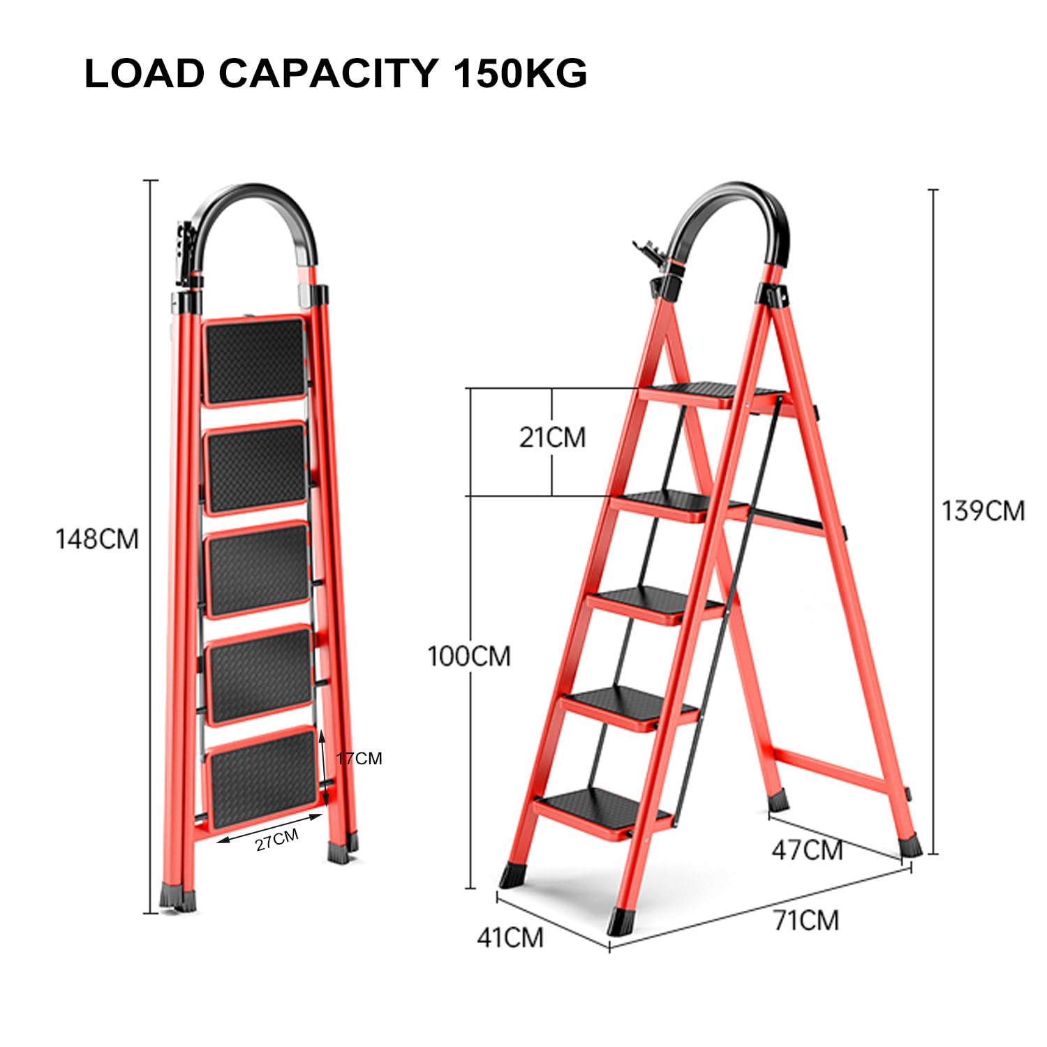 K IKIDO Inklapbare trapladder, ladder met leuning, 3/4/5 treden, antislip, gemakkelijk op te bergen, brede treden, geschikt voor keuken, huishouden en wonen, belastbaarheid tot 150 kg (zwart, 4