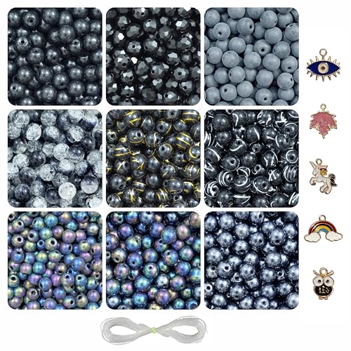 Image of 5 Pcs Charms + 290 Pcs Black Glass Beads for Jewellery Making Kit - Glass Beads for Bracelet Making Kit - Bead Craft - 8mm