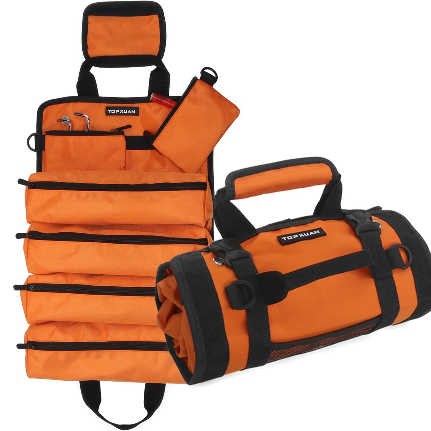 Tool Bag Roll Up 4 Large Zipper pockets 2 detachable pockets for Hand Tools and Small Hardware Organizer Orange Roll Up Tool Bag for Car 13 in