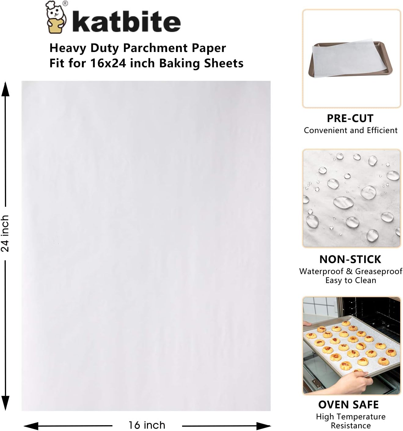 Katbite 16x24 inch Heavy Duty Parchment Paper Sheets, 100Pcs Precut Non-Stick Full Parchment Sheets for Baking, Cooking, Grilling, Frying and Steaming, Full Sheet Baking Pan Liners, Commercial Baking: Home & Kitchen