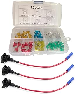 KOLACEN Automotive Car Truck Low-Profile Mini Blade Type Fuse Assorted Kit 60 Pieces + 3 Pieces 16 Gauge Add-a-Circuit Low Profile Mini Fuse TAP Adapter