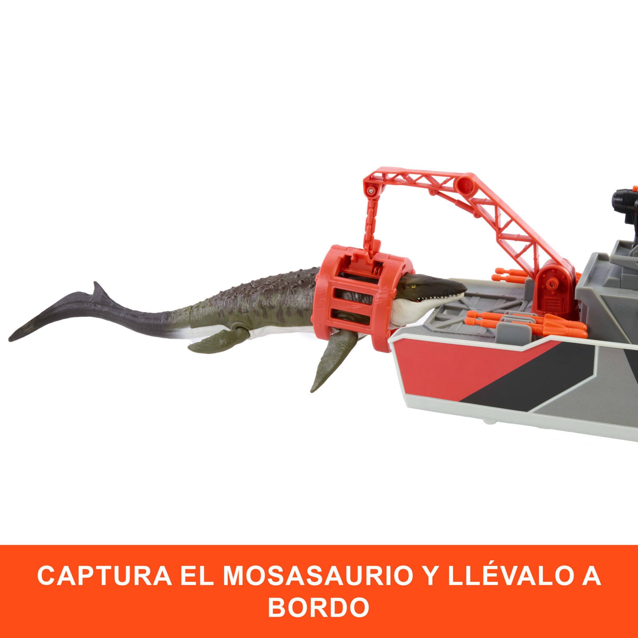 Mattel Jurassic World: El Renacer Matchbox Barco de rescate y mosasaurio, Conjunto de juego, barco de rescate dinosaurio, Jeep metálico, misiles arpón y bote de rescate desmontable, JGG61