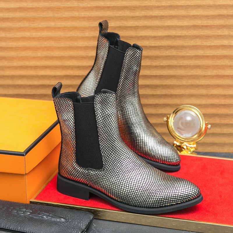 Santimon Men's Leather Chelsea Boots, Shiny Pattern Ankle Boots Comfortable Stylish Slip On Dress Boot2