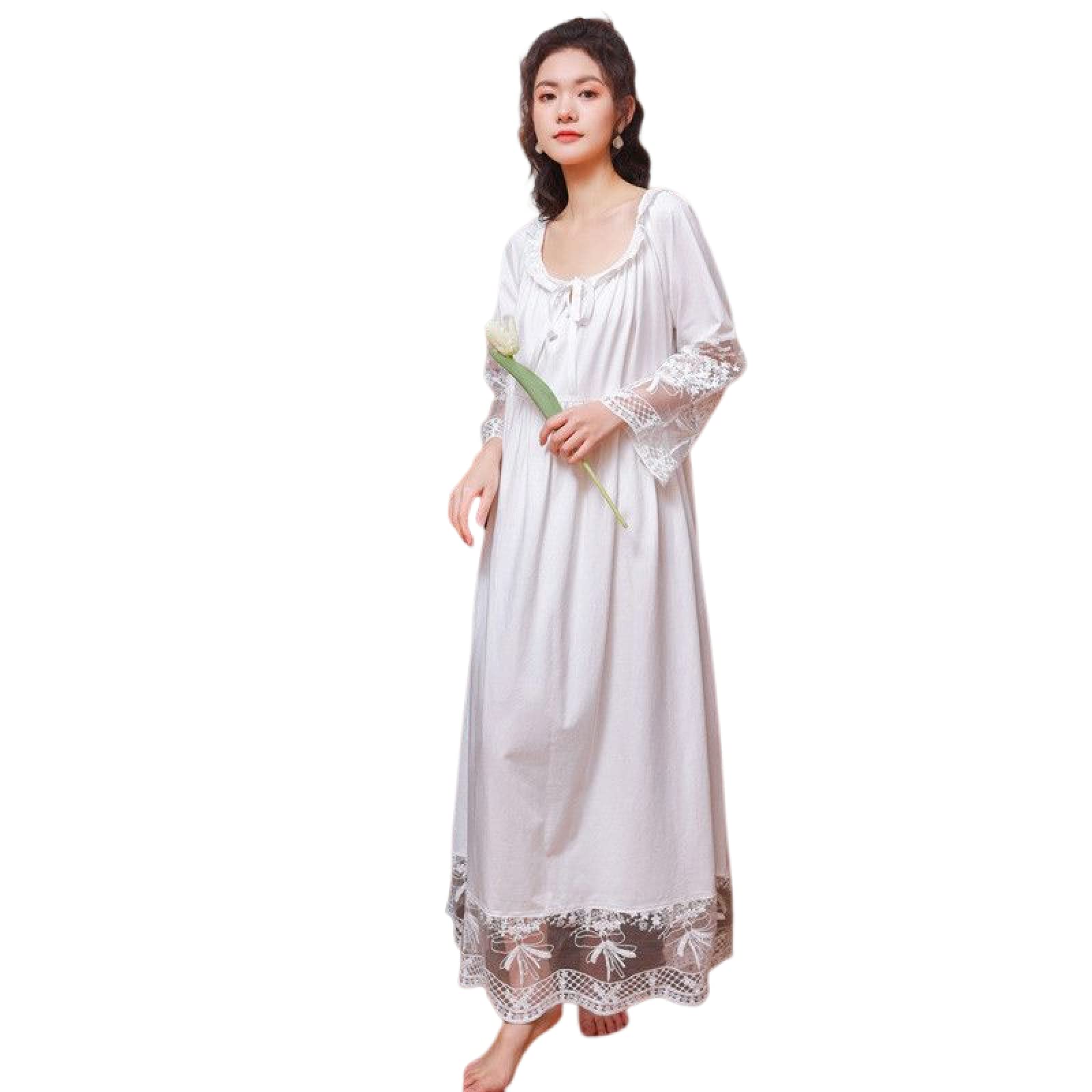 OFFSUM Camisón De Pijama De Mujer - Encaje Jacquard Algodón Ropa De Dormir Dulce Princesa Camisón Elegante Vintage Camisón Boda Primavera Verano Loungewear