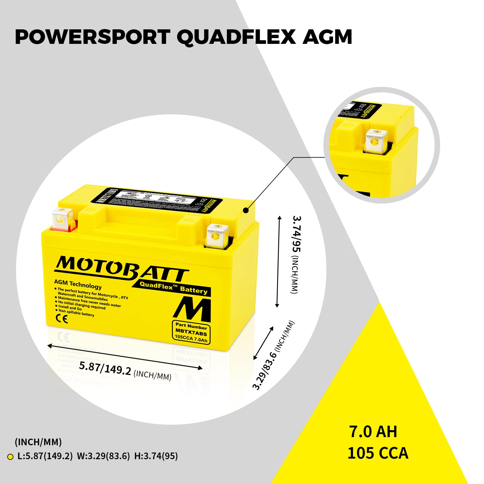 MOTOBATT - Batteria Moto AGM MBTX7ABS | 12V 7.0Ah 105CCA | Sigillata Attivata in Fabbrica | Compatibile con YTX7A-BS | Compatibile con Honda, Yamaha, Kawasaki, Suzuki, BMW e tutti