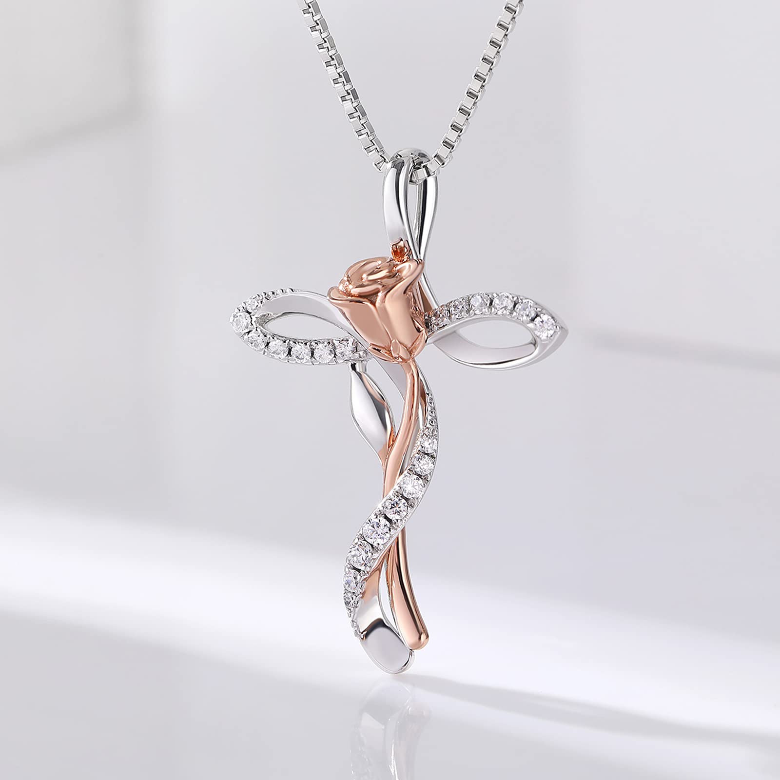 JiaYang Rosen Kreuz Halskette Damen Rose Blume Kreuz Anhänger Halskette Silber 925 Kreuz Halskette mit Rosen blume Rose Gold Halskette Frauen Religiöse Kreuz Schmuck Christian Rose Kreuz Halsketten