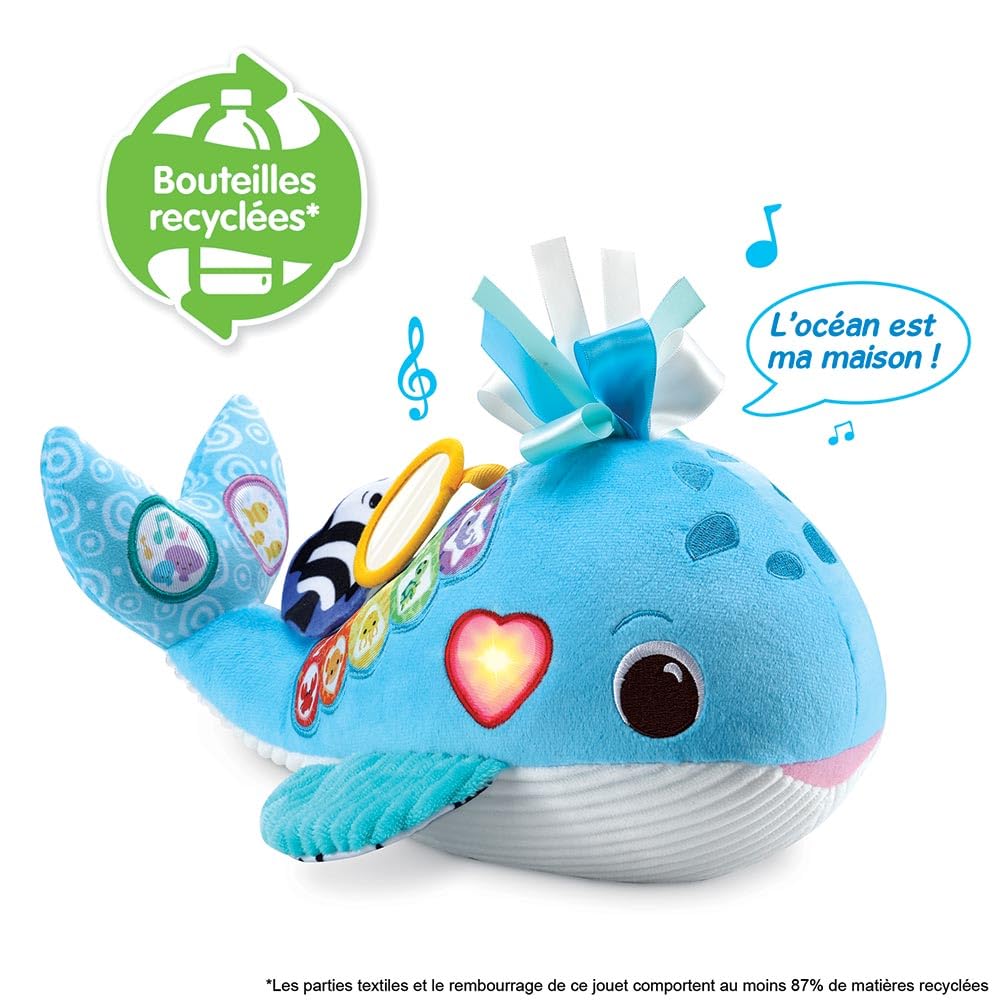 VTech - Océane, Ma Baleine Musicale, Peluche Bébé Interactive et Sensorielle Fabriquée avec des Matériaux Plus Durables, Jouet d'Éveil, Cadeau de Naissance Bébé Dès 3 Mois - Contenu en Français