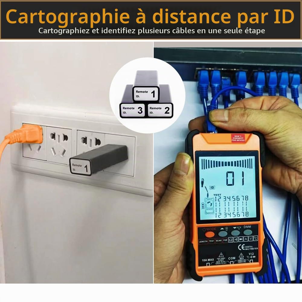 Testeur de câble multifonctionnel avec écran LCD, test POE, recherche numérique analogique, avec 3 ID d'appairage de câble, longueur câble réseau réglable, suivi de mesure court-circuit circuit ouvert