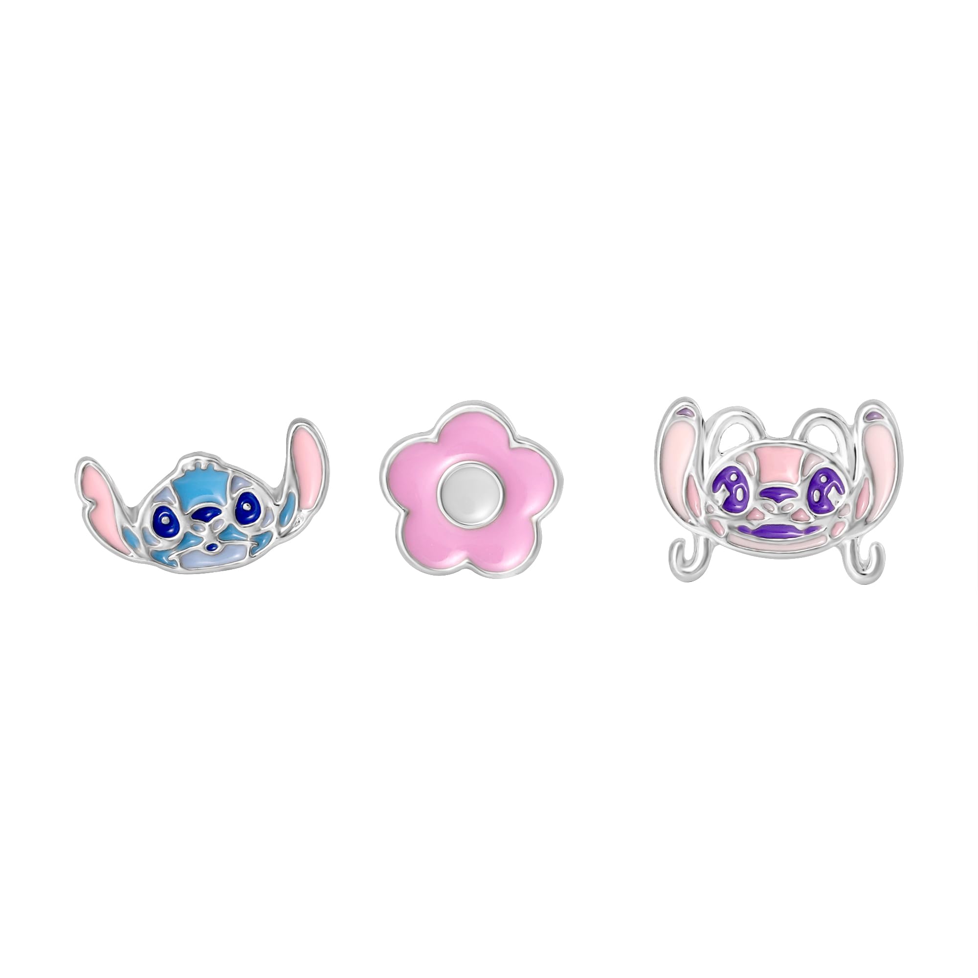 Disney Stitch Coffret 3 Boucles d'Oreilles Stitch, Angel et Fleur, en Laiton et Émail Coloré, pour Femme et Fille, Prêt à Offrir, Bijoux Officiels Disney