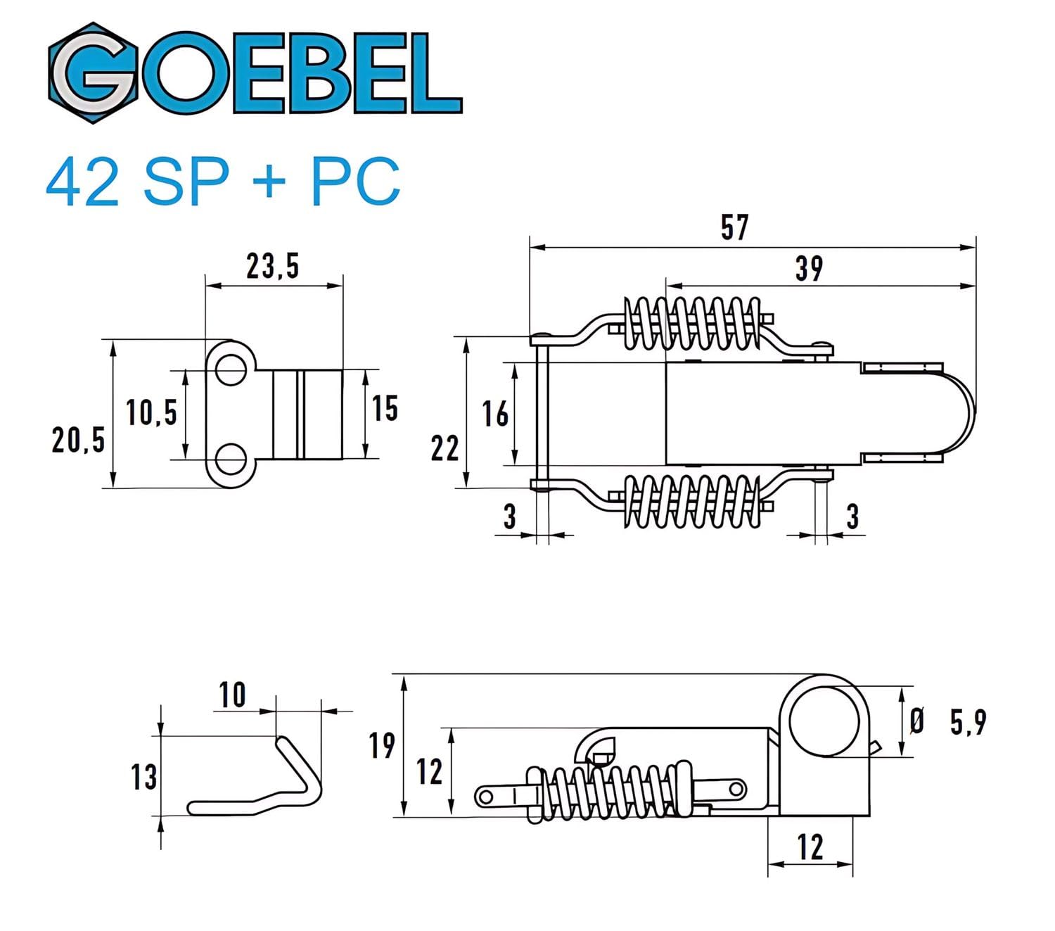 GOEBEL® - 100 x Sluting con capacidad de bloqueo de acero inoxidable A2 42 SP + PC incl. Gancho trasero - Agujero de remache ciego de 4,2 mm - 5544520042- Cierre de la caja - Cierre de la caja -