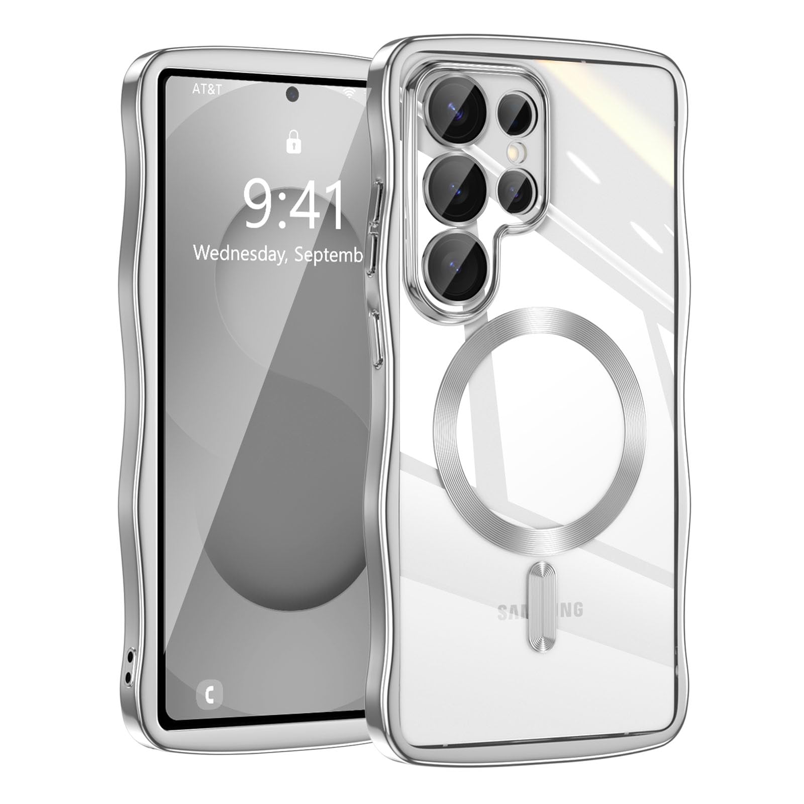 UEEBAI 対応 Samsung Galaxy S25 Ultra 5G 用の ケース 半透明 TPU 電気メッキ 加工 ウェーブデザイン スマホケース MagSafe対応 クリア 可愛い 人気 おしゃれ ケース 薄型 軽量 耐衝撃 電鍍 波型 バンパー スマホケース - シルバー