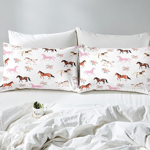 Miniatura 4 de Manfei Bonita sábana bajera ajustable de caballo tamaño Queen, funda de cama floral de acuarela con 2 fundas de almohada, juego de ropa de cama de