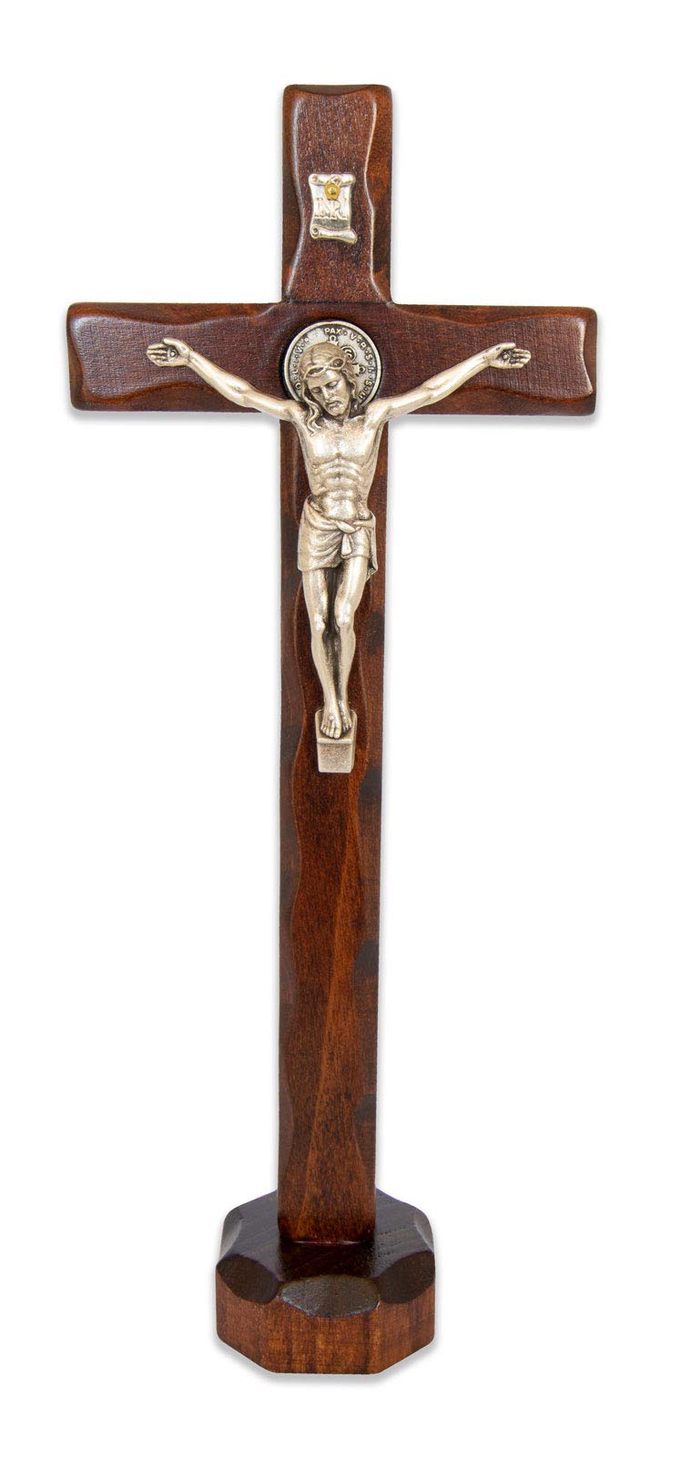 La Balestra - Crucifijo de San Benito en madera natural de mesa - Cristo chapado en plata 999 - Fabricado en Umbría (Italia) - Medidas 25 x 14 cm
