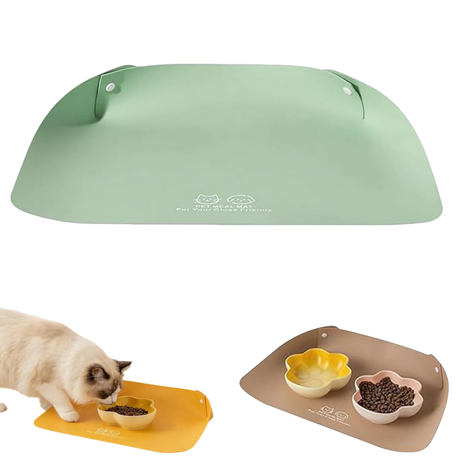 Cat Dog Food Mat, Waterproof Non Slip Pet Feeding Mat with Raised Edge, Easy Clean PU Leather Cat Dog Bowl Mat for Cats, Small Dogs Food Bowls (Green)