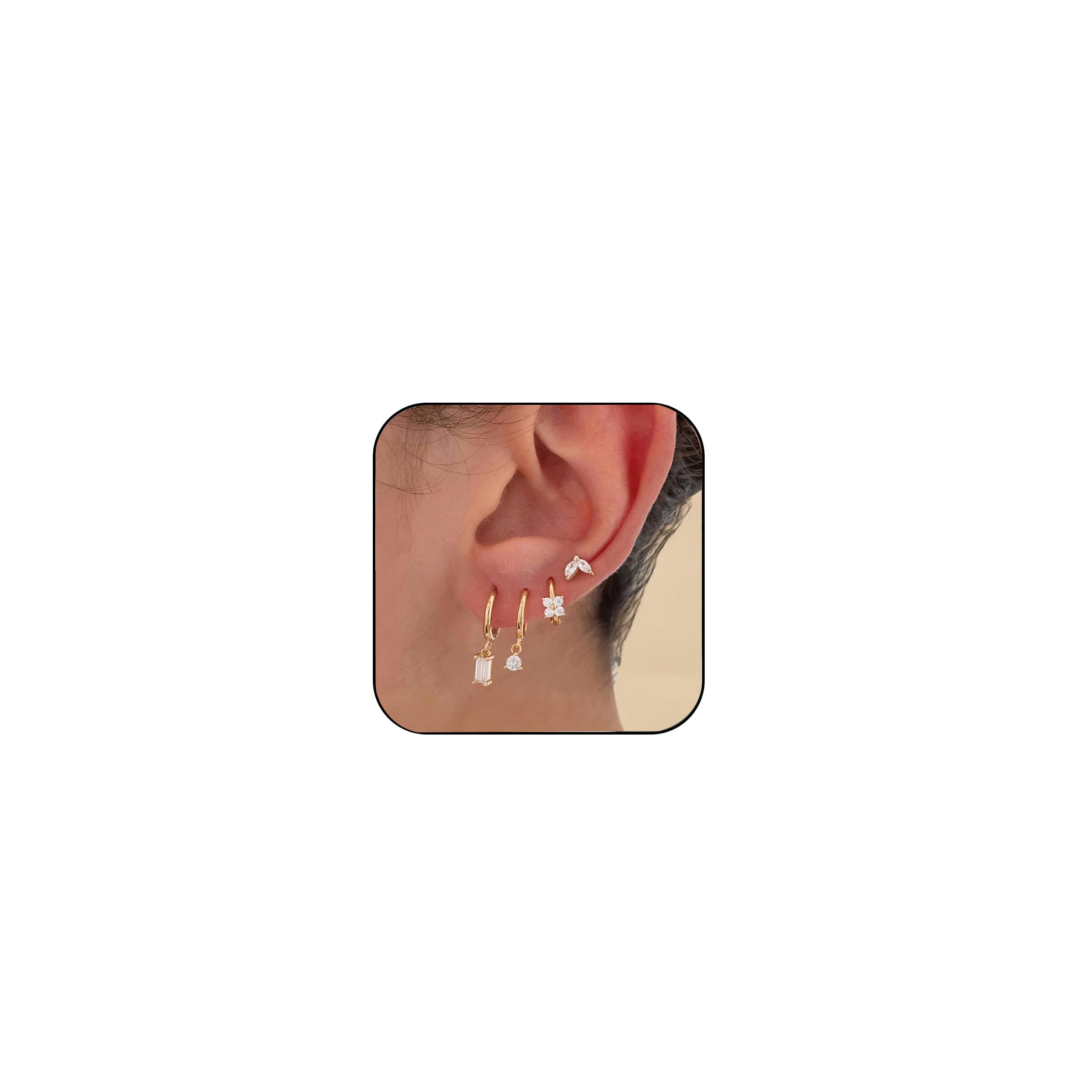 Gold Earrings for Women,Small Gold Hoop Earrings Dainty 14k Gold Plated Earrings Hypoallergenic Cartilage Earring Sets for Multiple Piercing Cute Pearl Stud Earrings for Women Trendy Jewelry