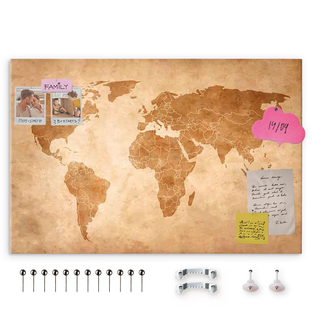 decomonkey Canvas World Map Pin Board with 50 pins - 35.4" x 23.6" / 90x60 cm Brown Fibreboard Push pin Travel map Wall Art - Traveler's Bedroom Office Living Room