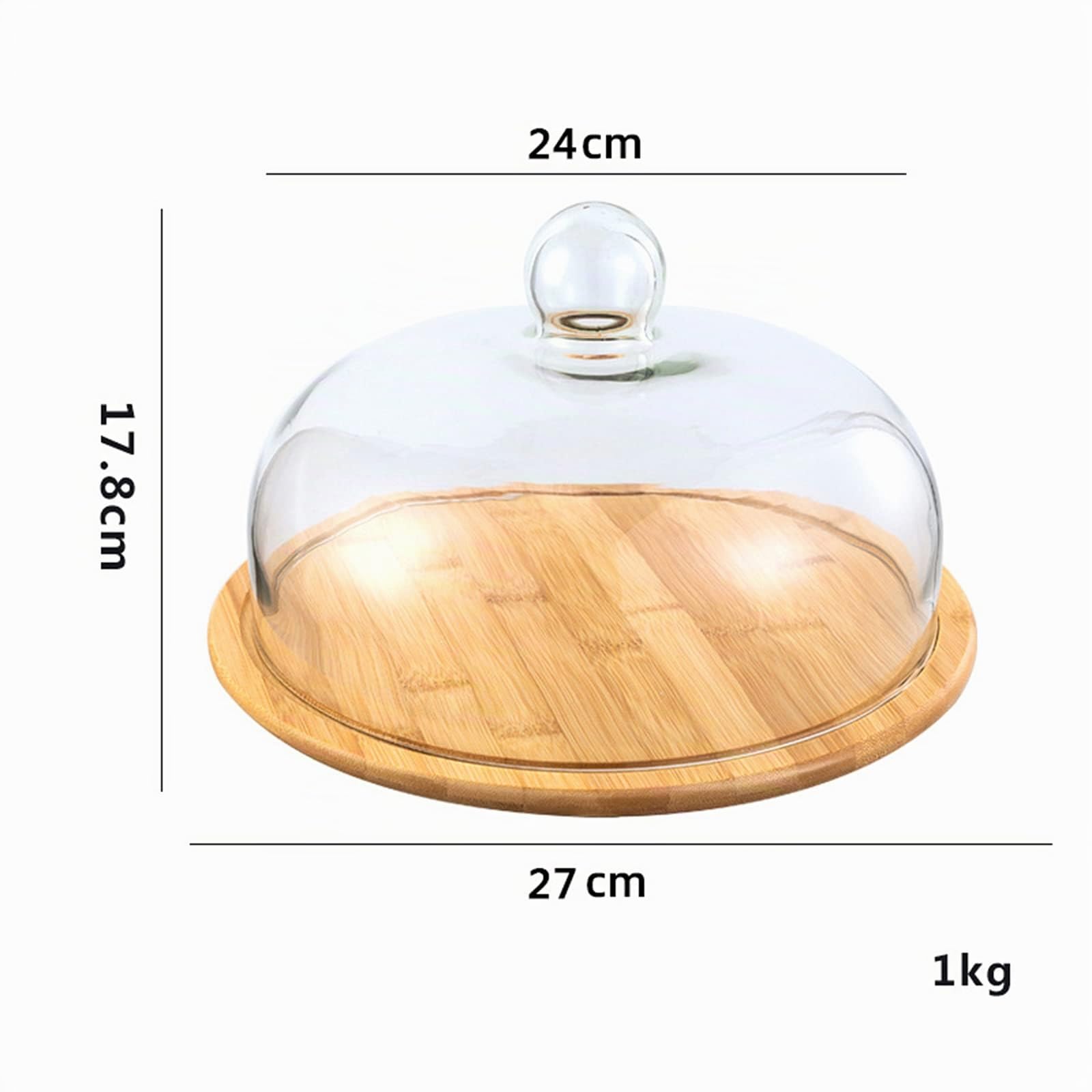 Cúpula de cristal con base de madera, soporte para tartas, cúpula de cristal transparente, bandeja de exhibición de pasteles de madera (24 cm)