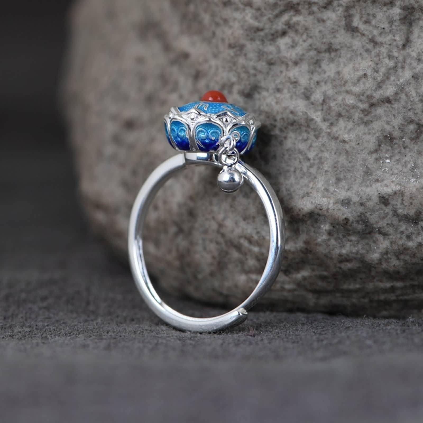 Ringe Frauen Silber 925, 925 Sterling Silber Mantra-Glocke aus Emaille Ringe für DamenSilber Blau, Größe Einstellbar