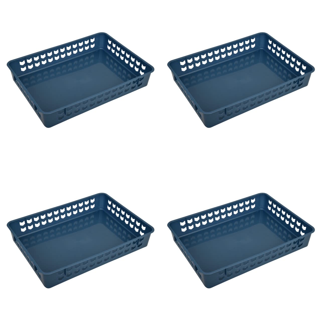 FenixDepot 4 Storage Organising Multipurpose Plastic Tray Basket for Home and Office Use 35x25cm - Set of 4 (Blue)