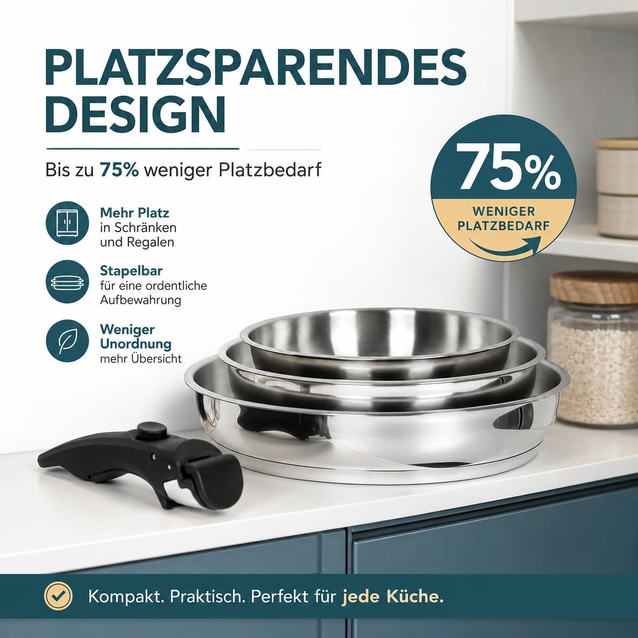 MICHELANGELO Edelstahl Pfannenset 3-teilig mit abnehmbarem Griff, platzsparend stapelbare Bratpfannen, ohne Beschichtung, induktionsgeeignet, 20/24/28 cm